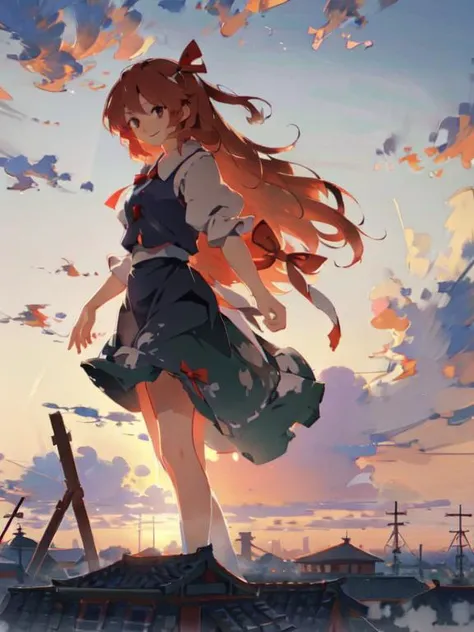 masterpiece, high quality, cinematic lighting, <lora:kusso_+++_v2:0.3>, touhou, cookie (touhou), smile, looking at viewer, long hair, red hair ribbon, 1girl, solo, painterly style, impressionism, beautiful sky, sunset, wind, <lora:wind:0.6>, flowing hair, <lora:sola7764-0.1-2-b30-bf16-D128-A1-1-ep64-768-DAdaptation-cosine:0.7>, <lora:tangbohu-line_1.0:-0.5>, giant girl, buildings, ruined town, clouds