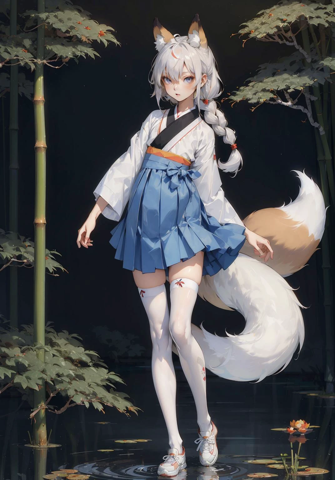 (masterpiece, album cover:1.3), 1girl, solo, Chinese painting style, zen garden, pond, bamboo, (kawaii, very cute, innocent, pure), ((very skinny:1.1, very skinny legs:1.25, long legs)), (fox ears:1.3), ahoge, (white hair), (bluie eyes), single braided hair, medium hair, wind blowing hair, white shirt, (hanbok:1.2), blue skirt, miniskirt, (midriff:0.2), flat chest, white thighhighs, white legwear, full body, standing, sneakers, hand in own hair