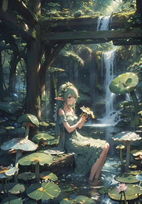 (masterpiece, best quality), 1girl, solo, elf, mist, sundress, forest, sitting, in water, waterfall, looking at viewer, blurry foreground, dappled sunlight, moss, (intricate, lotus, mushroom)<lora:8ymmmz95t7jn_neg_bdsqlsz_V2:1>