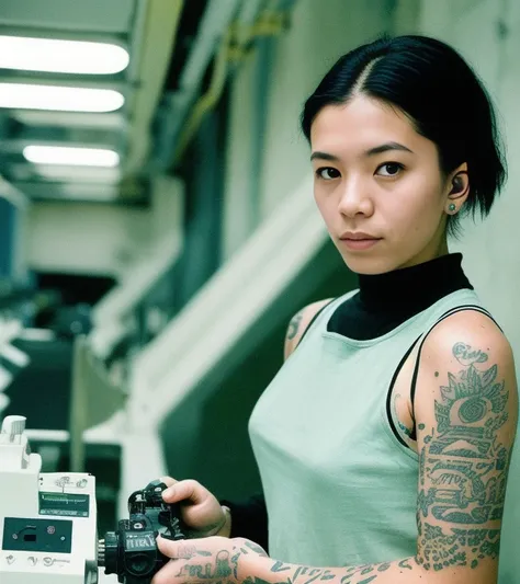 color documentary film still, photography feature article
alternative egirl [tattoos]
cyberpunk factory (underground) background
((female)) technician wearing smart casual attire, (engineering working on the alien artefact),  focused and winning 
by Victor Warner analog style photograph sharp focus, ultimate clarity incandescent warm lighting