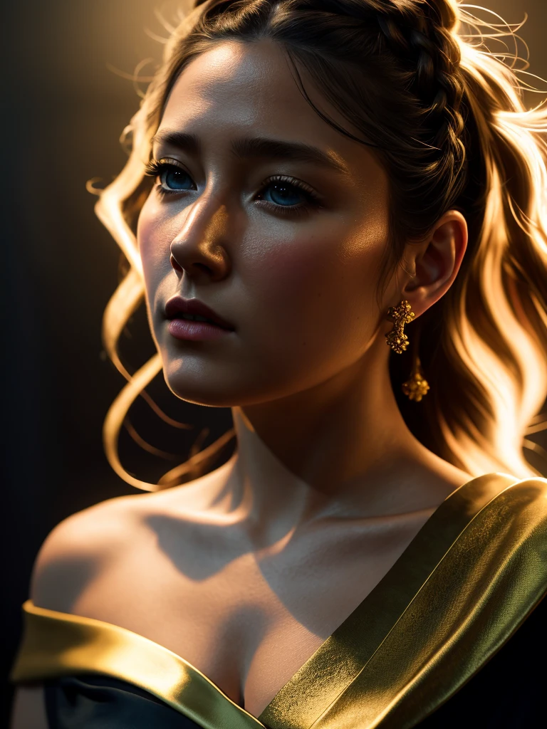 (rembrandt), best quality, (Long shot:1.4), (expresionless:1.5), cinematic lighting, painting, (((concept art))), (oil painting with heavy impasto:1.4), (heavy brushstrokes:1.5), (textured paint:1.3), fine art, 1girl, (mature woman:1.61), (mature face:1.55), (braided golden diadem:1.31), ((golden armband)), (glowing yellow eyes:1.31), (blonde hair:1.25), braided hair, (ragged black gown:1.42), torn clothes, (((bare shoulders))), blurry, upper body, nose, closed mouth, depth of field, long hair, blurry background, dark background, (dark atmosphere:1.31), highres, superb, 8k wallpaper, extremely detailed, intricate, unreal engine 5, volumetric lighting, realistic, realistic lighting, cinematic, 4k, cinematic lighting, 8k, depth of field, 3d, masterpiece, perfect, award-winning, hyper-detailed, photorealistic, ultra realistic, realistic light, hard lighting, intricate details, stop motion, hyperfocus, tonemapping, sharp focus, hyper detailed, detailed eyes, eyes focus, (illustration:1.1), highres, (extremely detailed CG unity 8k wallpaper:1.1), (solo:1.2),