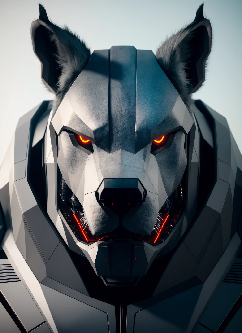 Portrait painting of a cybernetic grey werewolf body with Rhinoceros head, god masculine, with power armor, ultra realistic, concept art, intricate details, highly detailed, photorealistic, octane render, 64K UHD, unreal engine