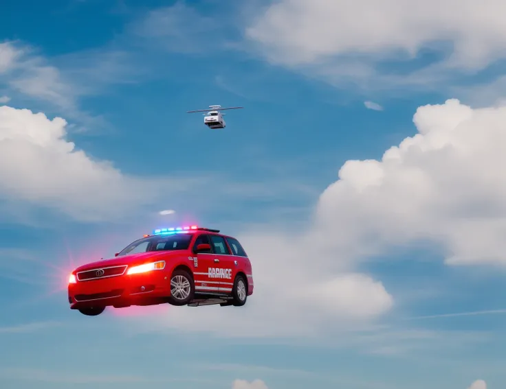 RAW photo, close up of ambulance car flying in the sky, midair, 8k uhd, dslr, soft lighting, high quality, film grain