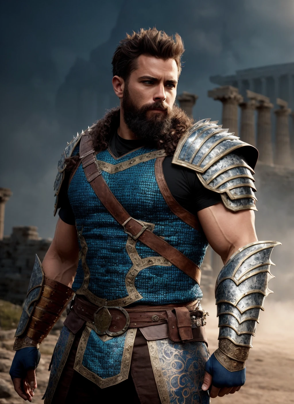 ((man:1.2)), ((DnD)), a fullbody portrait, toxic, muscle, god, elder, epic realistic, faded, hyperdetailed, cinematic, warm lights, intricate details, muscle photo, armored suit, full body in frame, (intricate details:1.2), (ancient greek armor:1.3), damaged dirty armor, epic realistic, face, (natural skin texture:1.1), ancient greece, gladiator arena background, high detailed skin, (wild hair:1.2), realistic skin details, photorealism, (masterpiece:1.1), stunning, hdr, 8k, eyes insane details, accurate anatomy, sharp focus, hdr, cinematic scene, (highly detailed eyes:1.1), (dark shot:1.2), epic realistic, faded, ((neutral colors)), art, (hdr:1.5), (muted colors:1.2), hyperdetailed, (artstation:1.5), cinematic, warm lights, dramatic light, (intricate details:1.1), complex background, (rutkowski:0.8), (teal and orange:0.3)