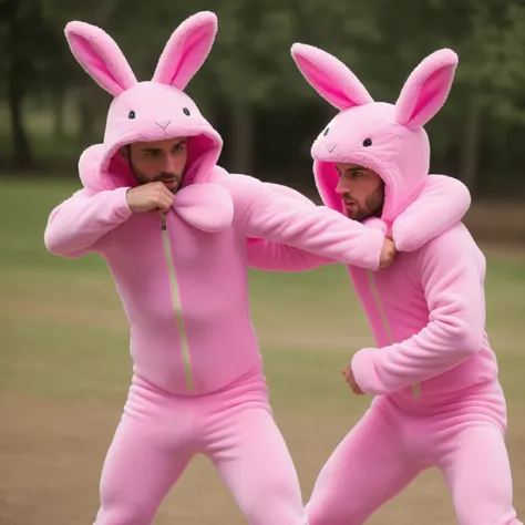 RAW photo, two mans fighting in pink bunny suits, 8k uhd, dslr, soft lighting, high quality, film grain
