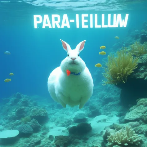RAW photo, silly rabbit sitting underwater with big letters above him saying PARABELLUM or whatever, 8k uhd, dslr, soft lighting, high quality, film grain