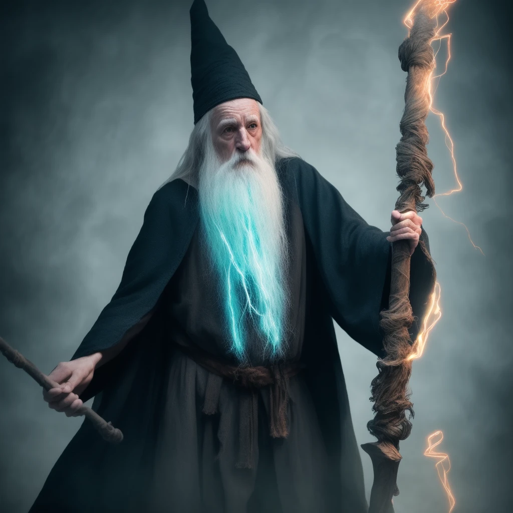 RAW photo, A wizened old wizard casts spells while wielding his staff, 8k uhd, dslr, soft lighting, high quality, film grain, anime