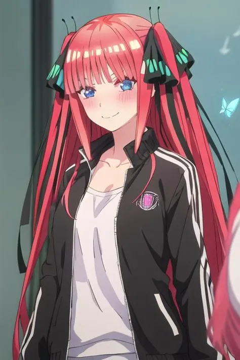 best quality, masterpiece, highres, solo, {nakano_nino_gotoubunnohanayome:1.15}, bangs, pink_hair, blunt_bangs, hair_ornament, butterfly_hair_ornament, ribbon, black_ribbon, blue_eyes, blush, hair_ribbon, twintails, long_hair, 1girl, black_shirt, collarbone, jacket, red_jacket, shirt, track_jacket, smile, open_clothes, 1boy, looking_at_viewer