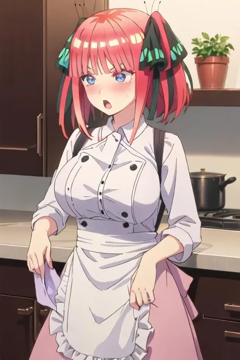(Best quality:1.3), braided hair, adult, (naked:1.3), (apron), large breasts, thighs, smiling, cafe background, (blushing:1.3), (front view),disgust