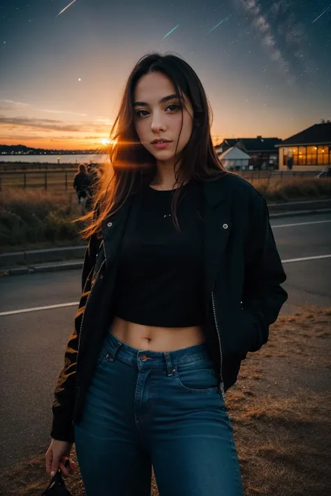 <lora:more_details:0.3>, solo, very detailed, detailed face, charlotte_namura, picture of a beautiful girl with long messy hair wearing casual jeans jacket with black pants, outside in a common place, sunset, starry sky, detailed shadowing and lighting, at a party, 3/4 body on the frame