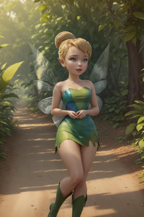 masterpiece, 8k, perfect ligthing, , adult, female, looking at viewer, cinematic lighting, full body shot, (TinkerBell:1.5), (TinkerBellWaifu:1.1), single hair bun, (green clothes), ((clothes made from leaves)), (fairy wings:1.2), pointy ears, blue eyes, (detailled eyes:1.2), tinkering in the forest, tinkering, Gears, leavers, pulleys, blush, (shrunken), <lora:TinkerBellDisney-06:0.6> <lora:realisticGlossyFaceSkin_rseromanticRsesofiko:0.3><hypernet:empty:0.5>