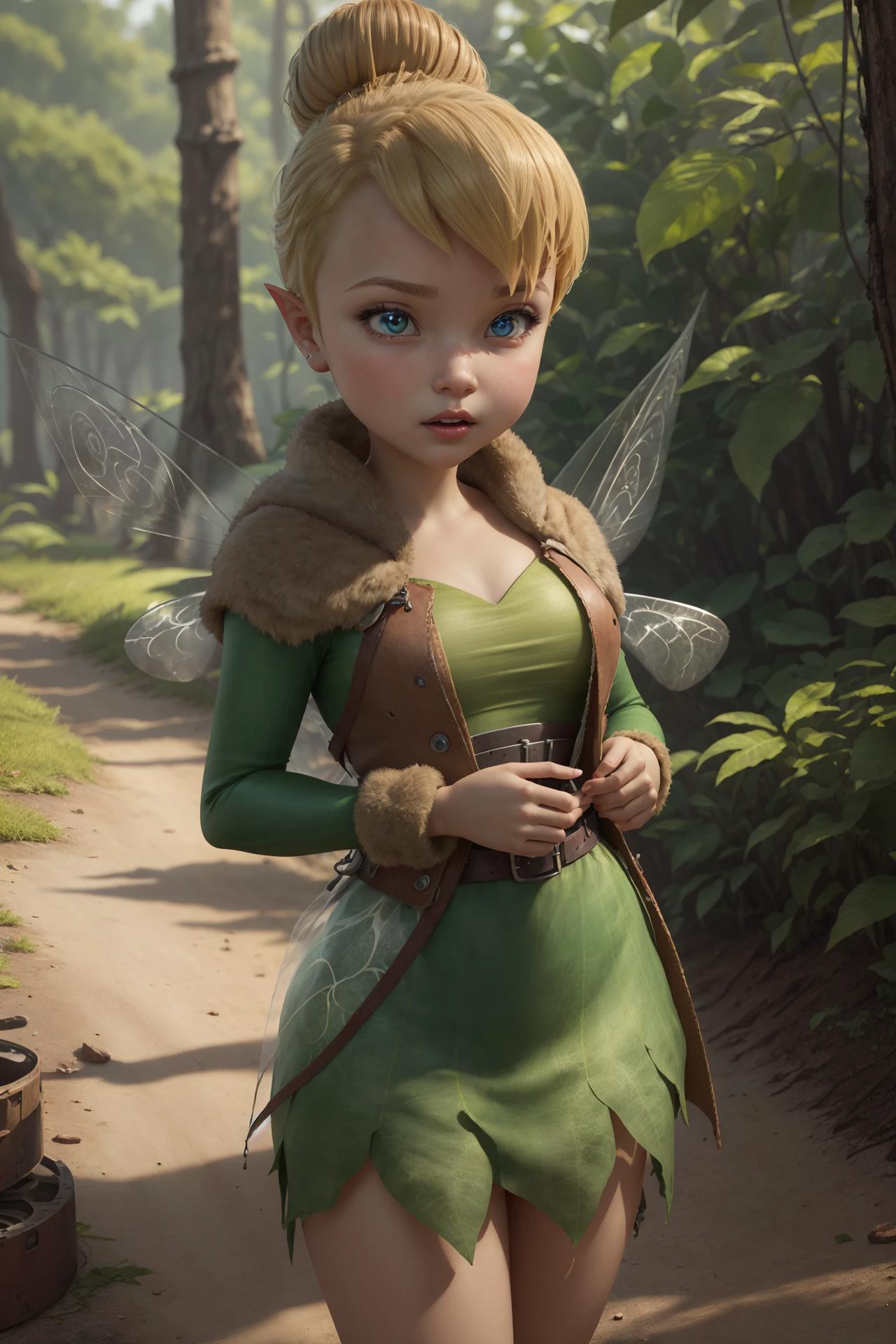 masterpiece, 8k, perfect ligthing, , adult, female, looking at viewer, cinematic lighting, full body shot, (TinkerBell:1.5), (TinkerBellWaifu:1.1), single hair bun, (green clothes), ((clothes made from leaves)), (fairy wings:1.2), pointy ears, blue eyes, (detailled eyes:1.2), tinkering in the forest, (tinkering:1.6), Gears, leavers, pulleys, blush, (shrunken), <lora:TinkerBellDisney-06:0.6> <lora:realisticGlossyFaceSkin_rseromanticRsesofiko:0.3><hypernet:empty:0.5>