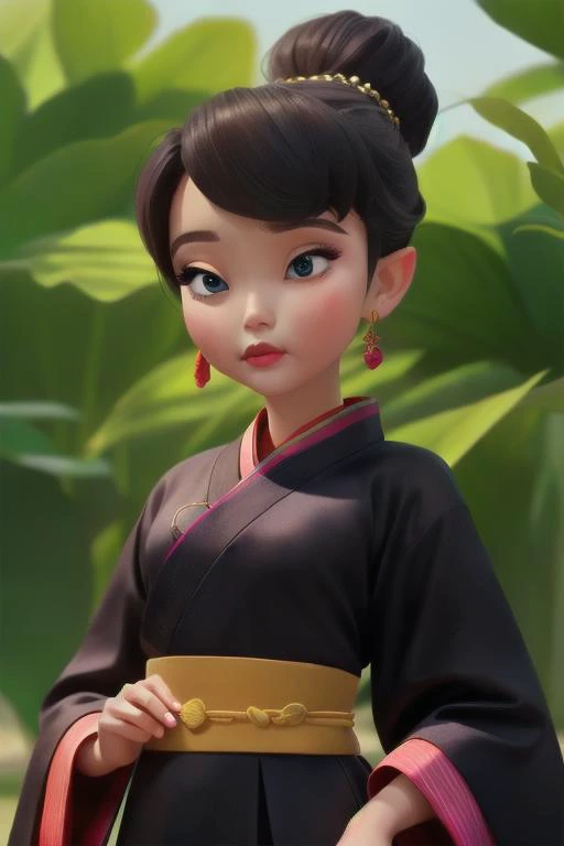 perfect portrait, Eerie Black Suede "Hanbok" womens attire South Korea (Elegant Korean traditional dress for women.), perfect face, with an intricate park background<lora:TinkerBellDisney-06:0.78>