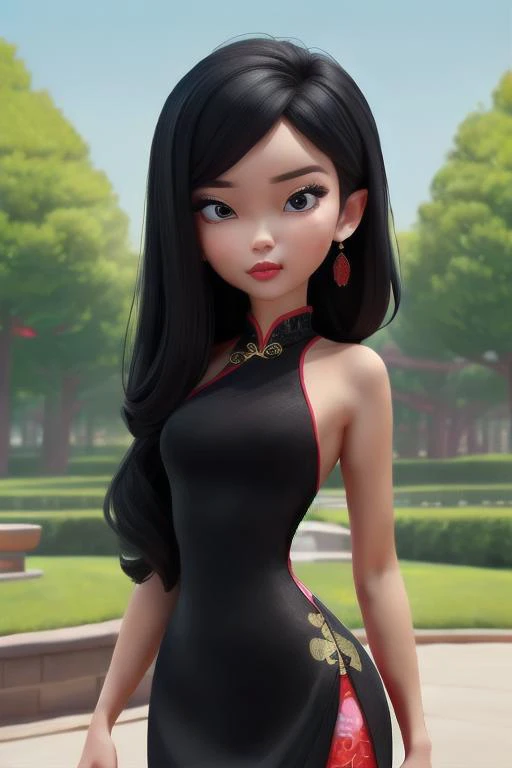 perfect portrait, Eerie Black Suede "Cheongsam/Qipao" womens attire China (Fitted dress that reflects modern Chinese fashion.), perfect face, with an intricate park background<lora:TinkerBellDisney-06:0.78>