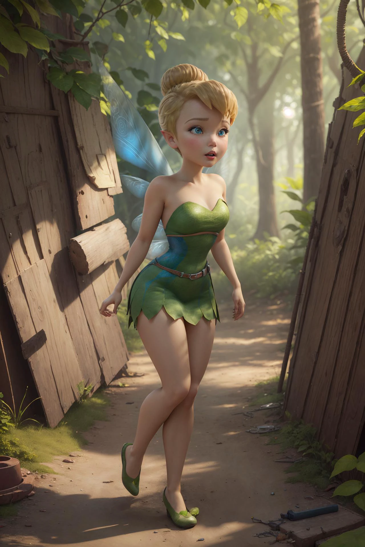 masterpiece, 8k, perfect ligthing, , adult, female, looking at viewer, cinematic lighting, full body shot, (TinkerBell:1.5), (TinkerBellWaifu:1.1), single hair bun, (green clothes), ((clothes made from leaves)), (fairy wings:1.2), pointy ears, blue eyes, (detailled eyes:1.2), tinkering in the forest, (tinkering:1.6), Gears, leavers, pulleys, blush, (shrunken), <lora:TinkerBellDisney-06:0.6> <lora:realisticGlossyFaceSkin_rseromanticRsesofiko:0.3><hypernet:empty:0.5>