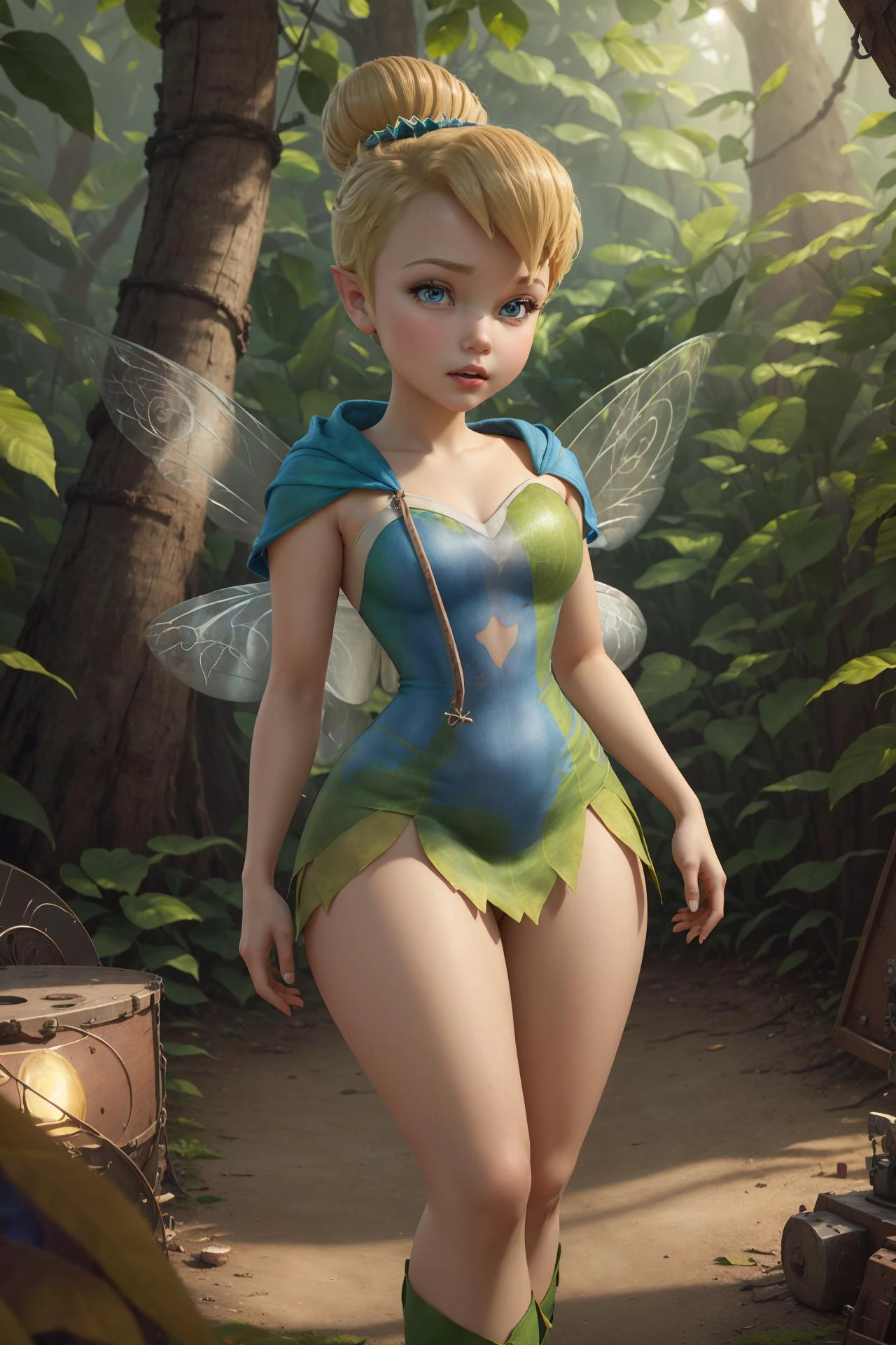 masterpiece, 8k, perfect ligthing, , adult, female, looking at viewer, cinematic lighting, full body shot, (TinkerBell:1.5), (TinkerBellWaifu:1.1), single hair bun, (green clothes), ((clothes made from leaves)), (fairy wings:1.2), pointy ears, blue eyes, (detailled eyes:1.2), tinkering in the forest, (tinkering:1.6), Gears, leavers, pulleys, blush, (shrunken), <lora:TinkerBellDisney-06:0.6> <lora:realisticGlossyFaceSkin_rseromanticRsesofiko:0.3><hypernet:empty:0.5>