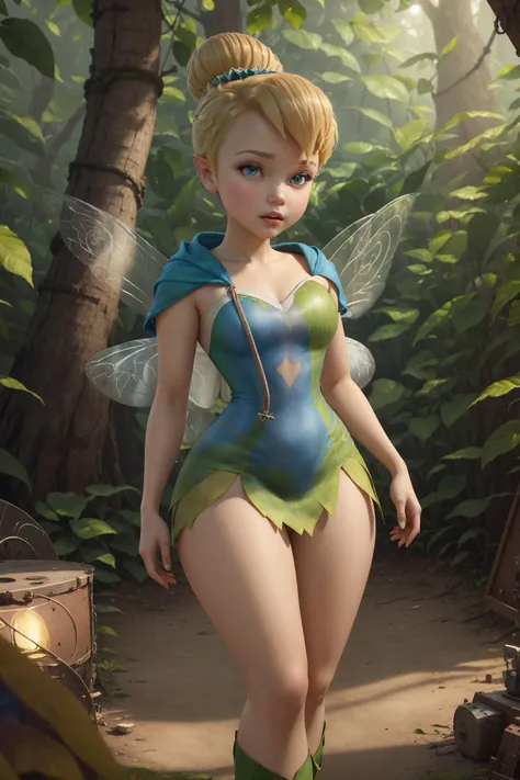 masterpiece, 8k, perfect ligthing, , adult, female, looking at viewer, cinematic lighting, full body shot,  (TinkerBell:1.5), (TinkerBellWaifu:1.1), single hair bun, (green clothes), ((clothes made from leaves)), (fairy wings:1.2), pointy ears, blue eyes, (detailled eyes:1.2), tinkering in the forest, (tinkering:1.6), Gears, leavers, pulleys, blush, (shrunken), <lora:TinkerBellDisney-06:0.6> <lora:realisticGlossyFaceSkin_rseromanticRsesofiko:0.3><hypernet:empty:0.5>