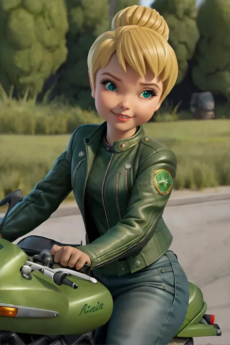 <lora:tinkerbell-heteropoda:0.6>, tinkerbell wearing green leather jacket, riding motorcycle, sassy smile, <clip:skip:2> || skin, hair, leather, metal, masterpiece, 8k, high resolution, shallow depth of field, sharp focus