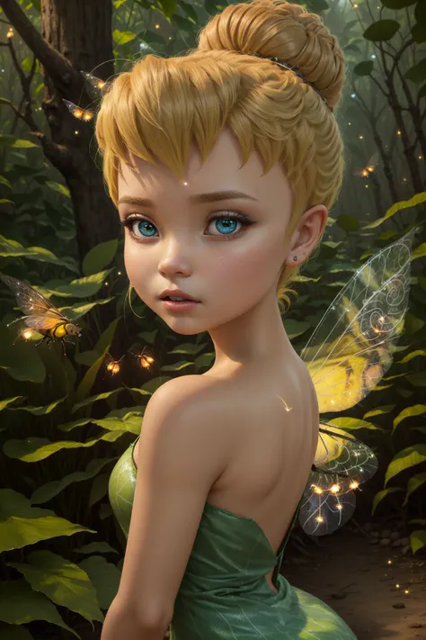 picture, photography, masterpiece, 8k, canon, perfect ligthing, bloom, cinematic lighting, adult, perfect skin, female, looking at viewer, upper body, portrait, (TinkerBell:1.3), TinkerBellWaifu, hair bun, (thight green dress), (extra long white fairy wings), (fairy wings:1.3), (blue eyes), detailled eyes, (yellow eyeshadow:1.4), pointy ears, stardust, rainforest, tiny, shrink, (fireflies:1.5), big leaves, tropical, night, <lora:TinkerBellDisney-06:0.6> <lora:realisticGlossyFaceSkin_rseromanticRsesofiko:0.3><hypernet:empty:0.5>