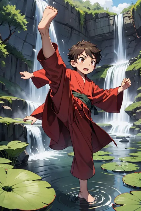 little boy, <lora:high_kick003:0.3> kicking, high kick, robe, voluminous sleeves, waterfall, lily pad