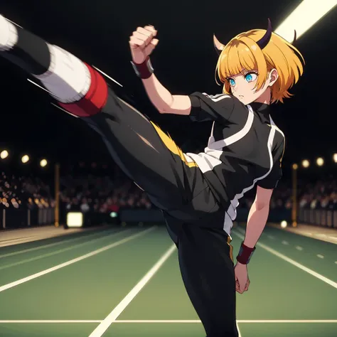 <lora:high_kick003:0.3>,solo,(high kick:1.4),(motion blur:1.3),speed line,fighting stance,
<lora:chara_OshiNoKo_MEMcho:0.5>,
memcho,1girl,
short hair,blonde hair,multicolored hair,aqua eyes,blunt bangs,horns,