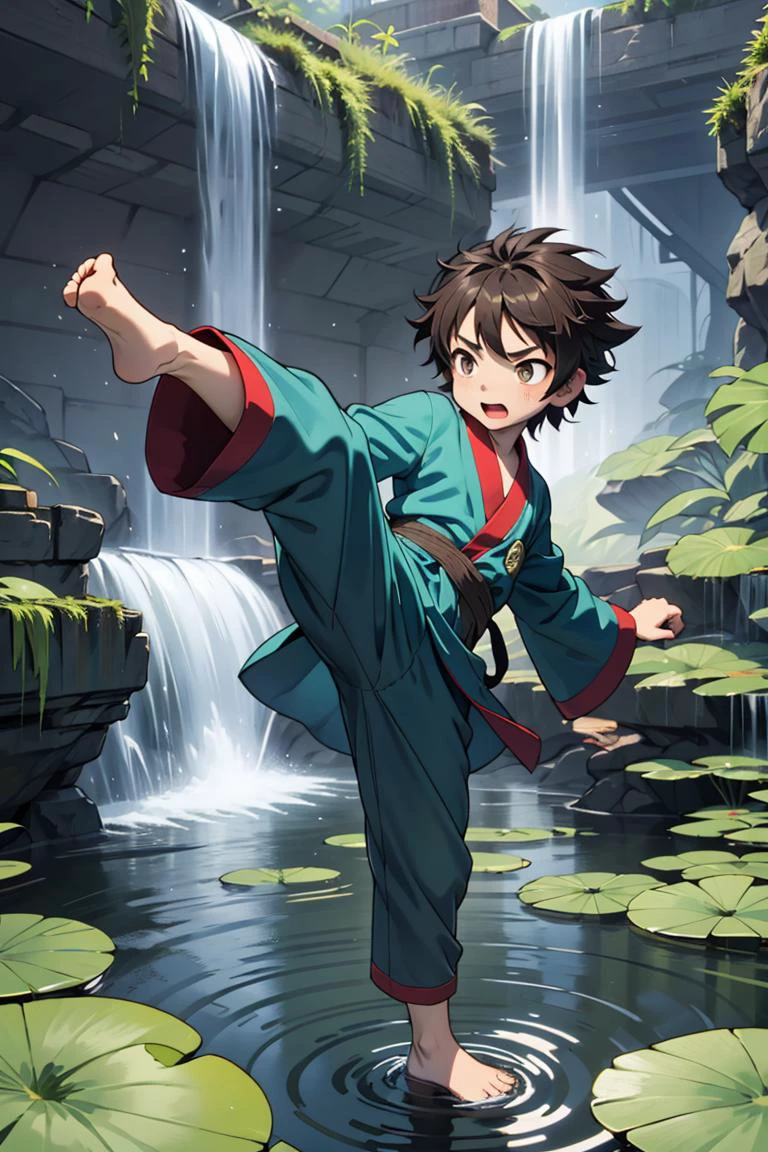 , <lora:high_kick003:0.3> kicking, high kick, robe, voluminous sleeves, waterfall, lily pad