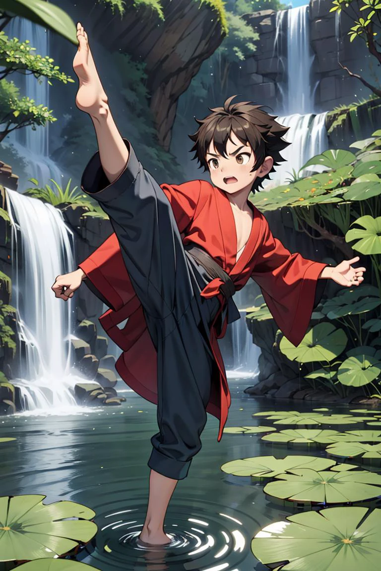 , <lora:high_kick003:0.3> kicking, high kick, robe, voluminous sleeves, waterfall, lily pad