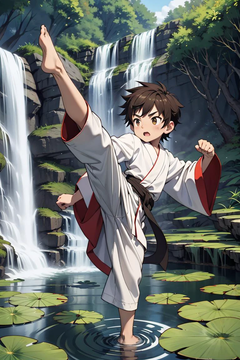 , <lora:high_kick003:0.3> kicking, high kick, robe, voluminous sleeves, waterfall, lily pad