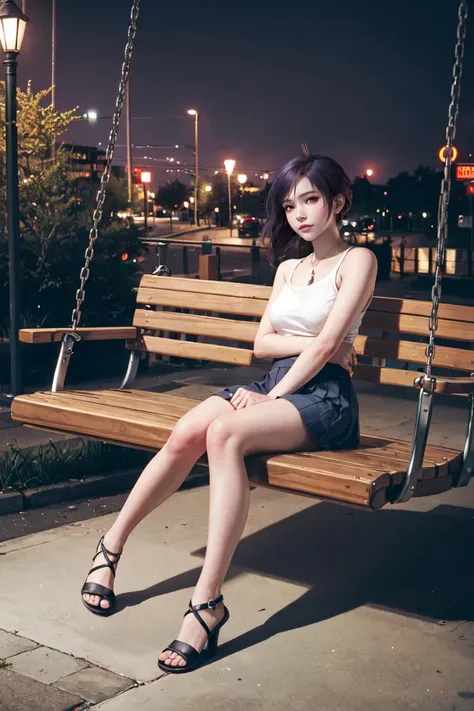 <lora:doa_shandy:0.7> shandy, casual, park, swing, skirt, tank top, night, street lights, moody