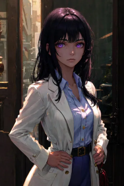(highly detailed:1.3), 
1girl, solo, (upper body:1.2), 
<lora:BloodsplashOCv1:0.9> Bloodsplash,black hair, purple eyes,  opt for a casual and chic button-down shirt dress in a linen fabric, styled with woven mules and a woven belt, for a relaxed yet polished ensemble, :/, Leaning forward with hands on the hips,
Ultra-detail, (highres:1.1), best quality, (masterpiece:1.3), cinematic lighting, 
(highly detailed face and eyes:1.3),