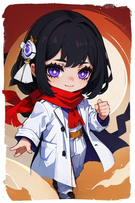 (masterpiece, best quality:1.2), border, chibi, solo, 1girl, bloodsplash, smile, looking at viewer, black hair, purple eyes, white coat, red scarf <lyco:style_onmyoji-20:1.0> <lora:BloodsplashOCv1:0.8>