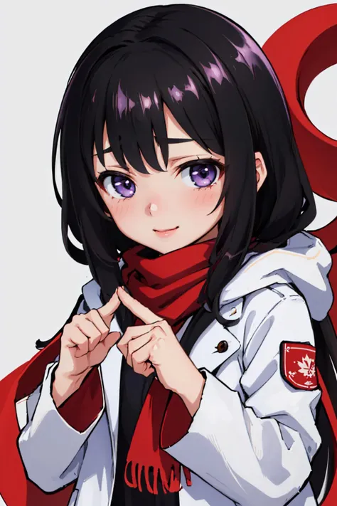 (masterpiece, best quality:1.2), chibi, solo, 1girl, bloodsplash, blush, smile, looking at viewer, index fingers together, black hair, purple eyes, white coat, red scarf <lora:BloodsplashOCv1:0.8> <lyco:concept_indexfingerstogether-10:1>
