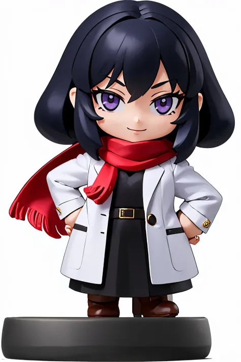(masterpiece, best quality:1.2), amiibo, chibi, full body, solo, 1girl, bloodsplash, smile, hand on hip, black hair, purple eyes, white coat, red scarf <lyco:Amiibo:0.9> <lora:BloodsplashOCv1:0.8>