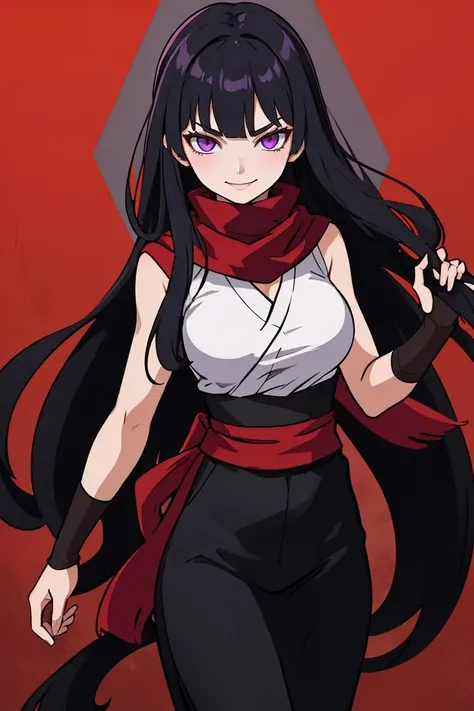 masterpiece, best quality,,  <lora:BloodsplashOCv1-000050:0.8> ,Bloodsplash, 1girl, ninja, fishent, long hair, looking at viewer, very long hair, red scarf, cowboy shot, large breasts, standing, smirk, black hair, purple eyes,