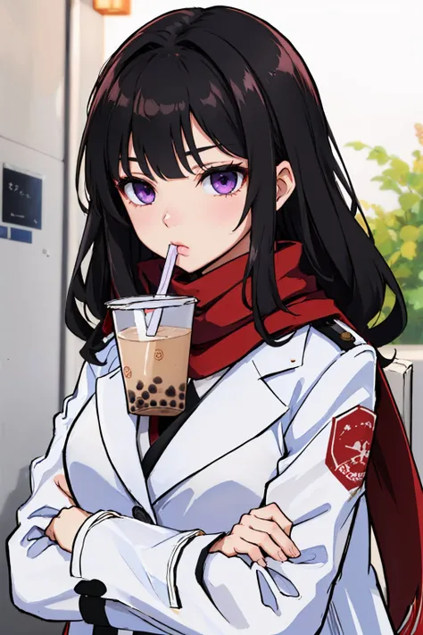 (masterpiece, best quality:1.2), solo, 1girl, bloodsplash, bubble tea challenge, drinking straw, crossed arms, black hair, purple eyes, white coat, red scarf <lora:BloodsplashOCv1:0.8> <lyco:concept_bubbleteachallenge-16:1>