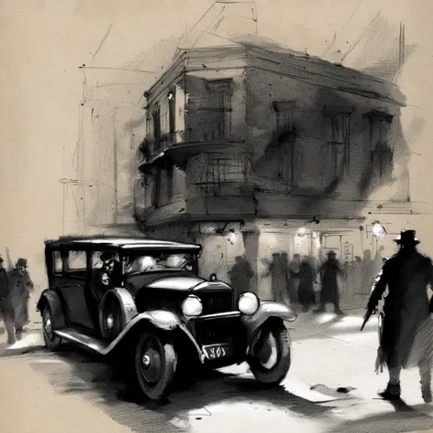 drawix8 a dark city street, execution of a gangster, 1920s architecture in the background, old car, unusual expressive shot <lora:drawix8:1>