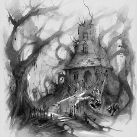drawix8 the devil's house among old trees in the forest, demons and forest creatures in the background, unusual expressive shot <lora:drawix8:1>