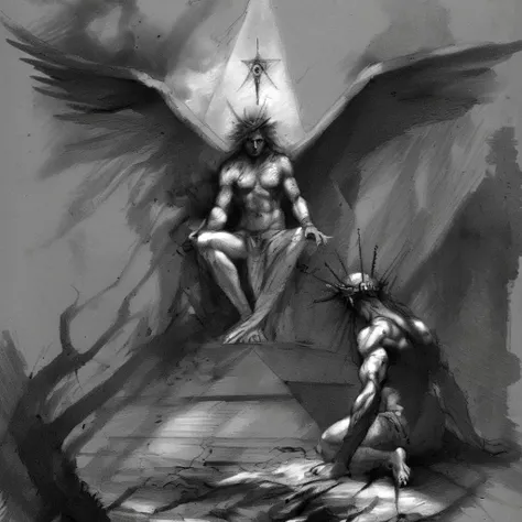drawix8 fallen angel kneeling before god, dark clouds and eye of providence, very detailed, dark, masterpiece, unusual expressive shot <lora:drawix8:1>