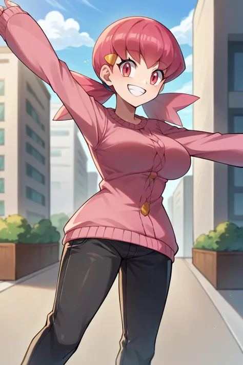 score_9, score_8_up, score_7_up, score_6_up, source_anime, BREAK 1girl, solo <lora:pkmnwhitney-pdxl-nvwls-v1-000004:1> defwhitney, pink hair, low twintails, hair ornament, (big breasts:0.7), pink sweater, knit sweater, sleeves past fingers, black pants, raised arm, happy, city, grin