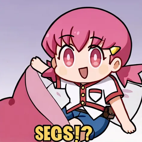 Seggs, chibi, open mouth, smile, english text, <lora:Seggs_XLPD:1.1>,1girl, <lora:pkmnwhitney-pdxl-nvwls-v1:0.8>,defwhitney, pink hair, low twintails, hair ornament, white shirt, short sleeves, blue shorts