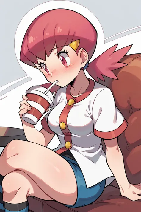 score_9, score_8_up, score_7_up, <lora:pkmnwhitney-pdxl-nvwls-v1:0.9>, defwhitney, whitney \(pokemon\), 1girl, arm support, blush, breasts, buttons, crossed legs, cup, disposable cup, drinking straw, eyelashes, hair ornament, hairclip, hand up, holding, holding cup, jacket, long hair, pink eyes, pink hair, short shorts, short sleeves, shorts, sitting, socks, solo, striped clothes, striped socks, twintails, white jacket