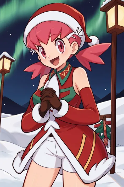 score_9, score_8_up, score_7_up, score_6_up, source_anime, BREAK 1girl, solo <lora:pkmnwhitney-pdxl-nvwls-v1-000004:1> xmasWhitney, pink hair, low twintails, santa hat, hair ornament, red coat, bare shoulders, detached sleeves, white ascot, fur trim, white shorts, brown gloves, (big breasts:0.7), happy, night, aurora, snow, winter, red boots, looking at you, own hands together