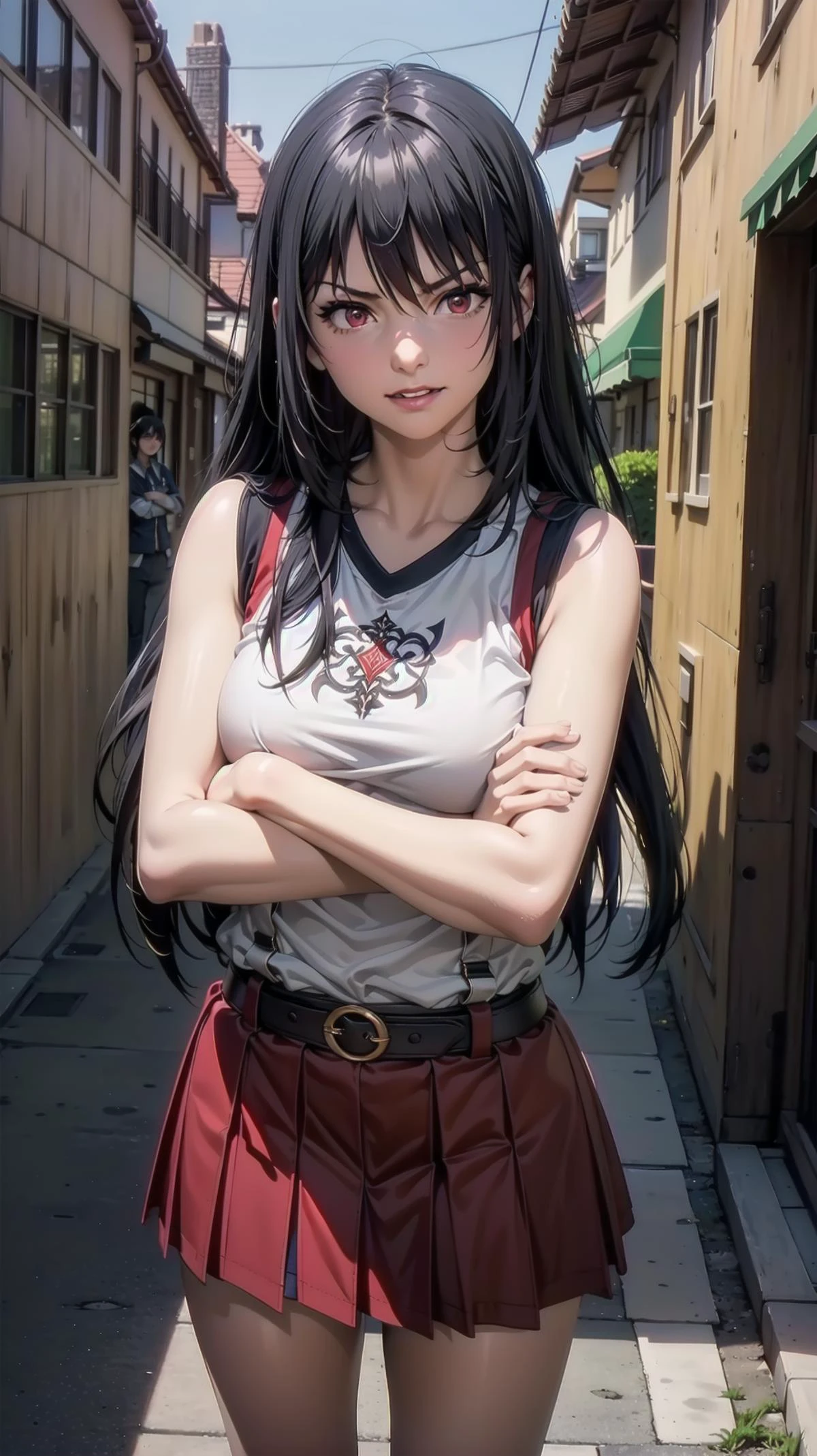 (standing:1.2, cowboy shot:1.2), (outdoor:1.4), 1girl, (jet black hair, very long hair, crimson red eyes, mini skirt, sleeveless t-shirt, angry smile:1.3, crossed arms:1.2),(slender:1.2, perfect skin:1.4, shiny oiled skin:1.4, realistic skin texture:1.2, perfect anatomy:1.2), (master piece:1.4, best quality:1.4, intricate details, sharp focus, highres, 8K, 4K, UHD, 32k UHD resolution, realistic photo, professional photography, Ultra Detailed 8K CG, ultra high res, High quality texture, High quality shadows, vivid colors, HDR), <lora:Claire_Kagenou-09:0.6> claire