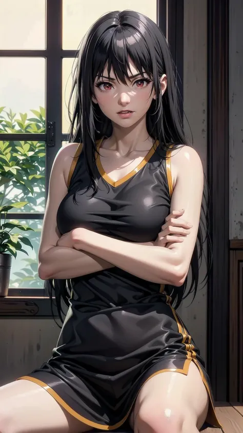 (lying:1.2, spread legs:1.2, cowboy shot:1.2), (indoor:1.4), 1girl, (jet black hair, very long hair, crimson red eyes, mini skirt, sleeveless t-shirt, angry smile:1.3, blush:1.2, crossed arms:1.2),(slender:1.2, perfect skin:1.4, shiny oiled skin:1.4, realistic skin texture:1.2, perfect anatomy:1.2), (master piece:1.4, best quality:1.4, intricate details, sharp focus, highres, 8K, 4K, UHD, 32k UHD resolution, realistic photo, professional photography, Ultra Detailed 8K CG, ultra high res, High quality texture, High quality shadows, vivid colors, HDR), <lora:Claire_Kagenou-09:0.6> claire
