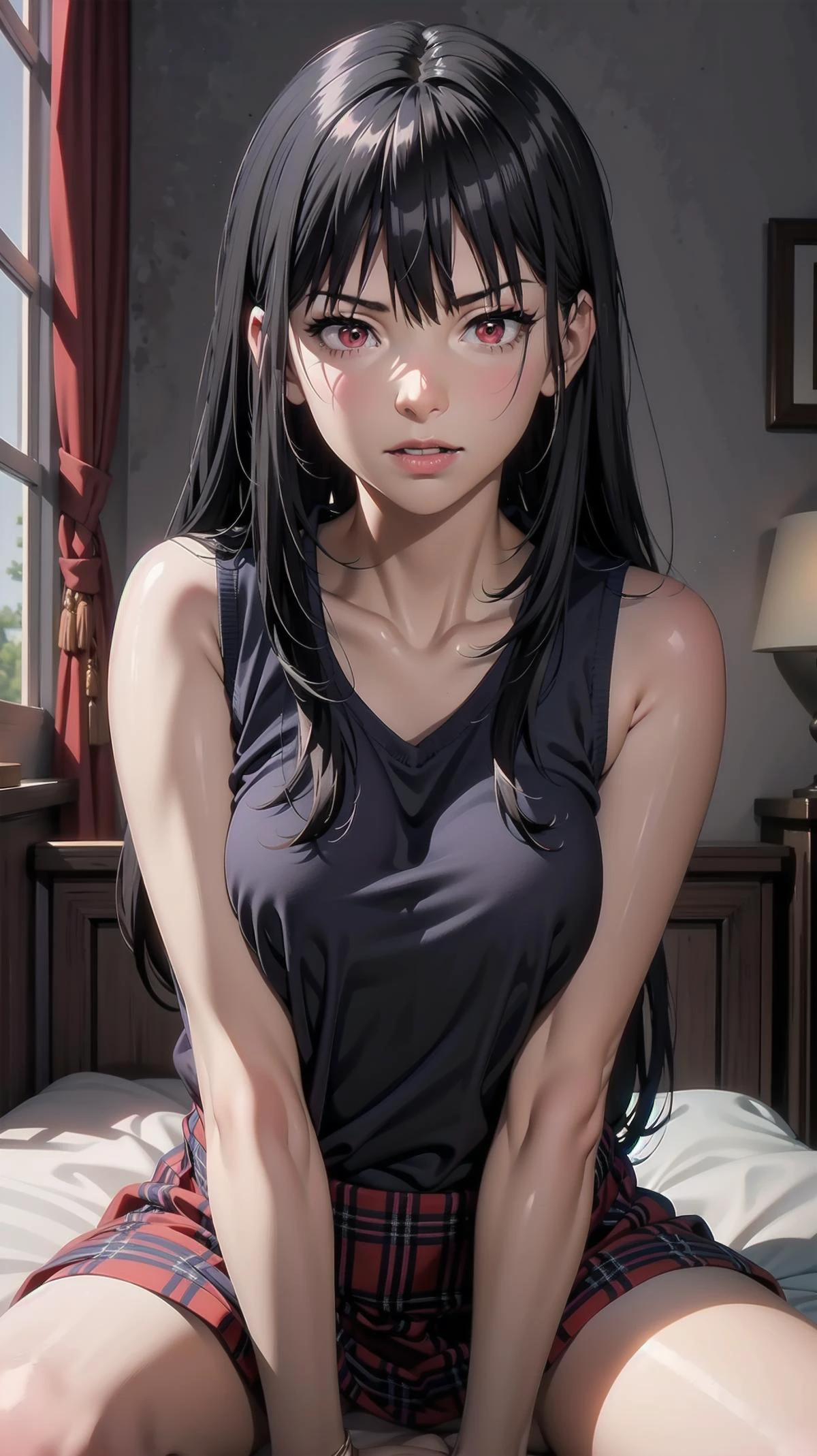 (lying on bed:1.6, spread legs:1.6, cowboy shot:1.2), (indoor:1.4), 1girl, (jet black hair, very long hair, crimson red eyes, mini skirt, sleeveless t-shirt, angry smile:1.3, blush:1.2),(slender:1.2, perfect skin:1.4, shiny oiled skin:1.4, realistic skin texture:1.2, perfect anatomy:1.2), (master piece:1.4, best quality:1.4, intricate details, sharp focus, highres, 8K, 4K, UHD, 32k UHD resolution, realistic photo, professional photography, Ultra Detailed 8K CG, ultra high res, High quality texture, High quality shadows, vivid colors, HDR), <lora:Claire_Kagenou-09:0.6> claire, (NSFW:1.2)