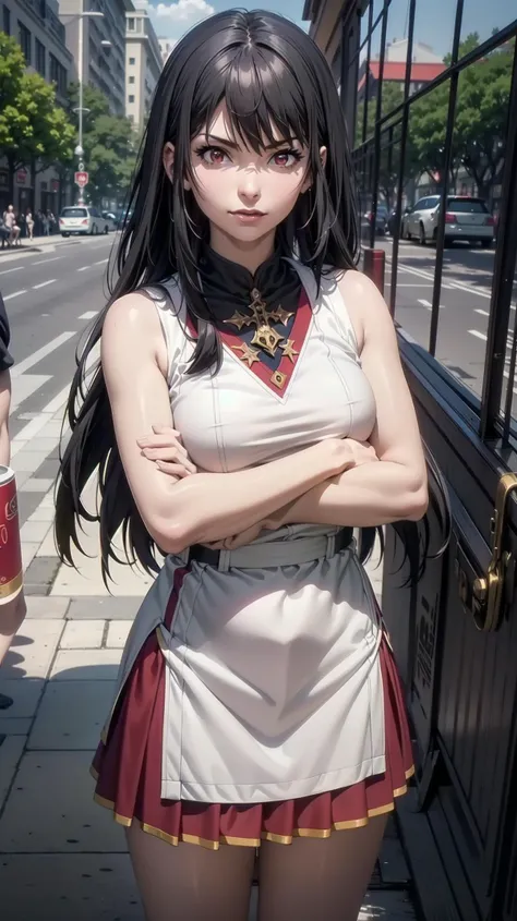 (standing:1.2, cowboy shot:1.2), (outdoor:1.4), 1girl, (jet black hair, very long hair, crimson red eyes, mini skirt, sleeveless t-shirt, angry smile:1.3, crossed arms:1.2),(slender:1.2, perfect skin:1.4, shiny oiled skin:1.4, realistic skin texture:1.2, perfect anatomy:1.2), (master piece:1.4, best quality:1.4, intricate details, sharp focus, highres, 8K, 4K, UHD, 32k UHD resolution, realistic photo, professional photography, Ultra Detailed 8K CG, ultra high res, High quality texture, High quality shadows, vivid colors, HDR), <lora:Claire_Kagenou-09:0.6> claire