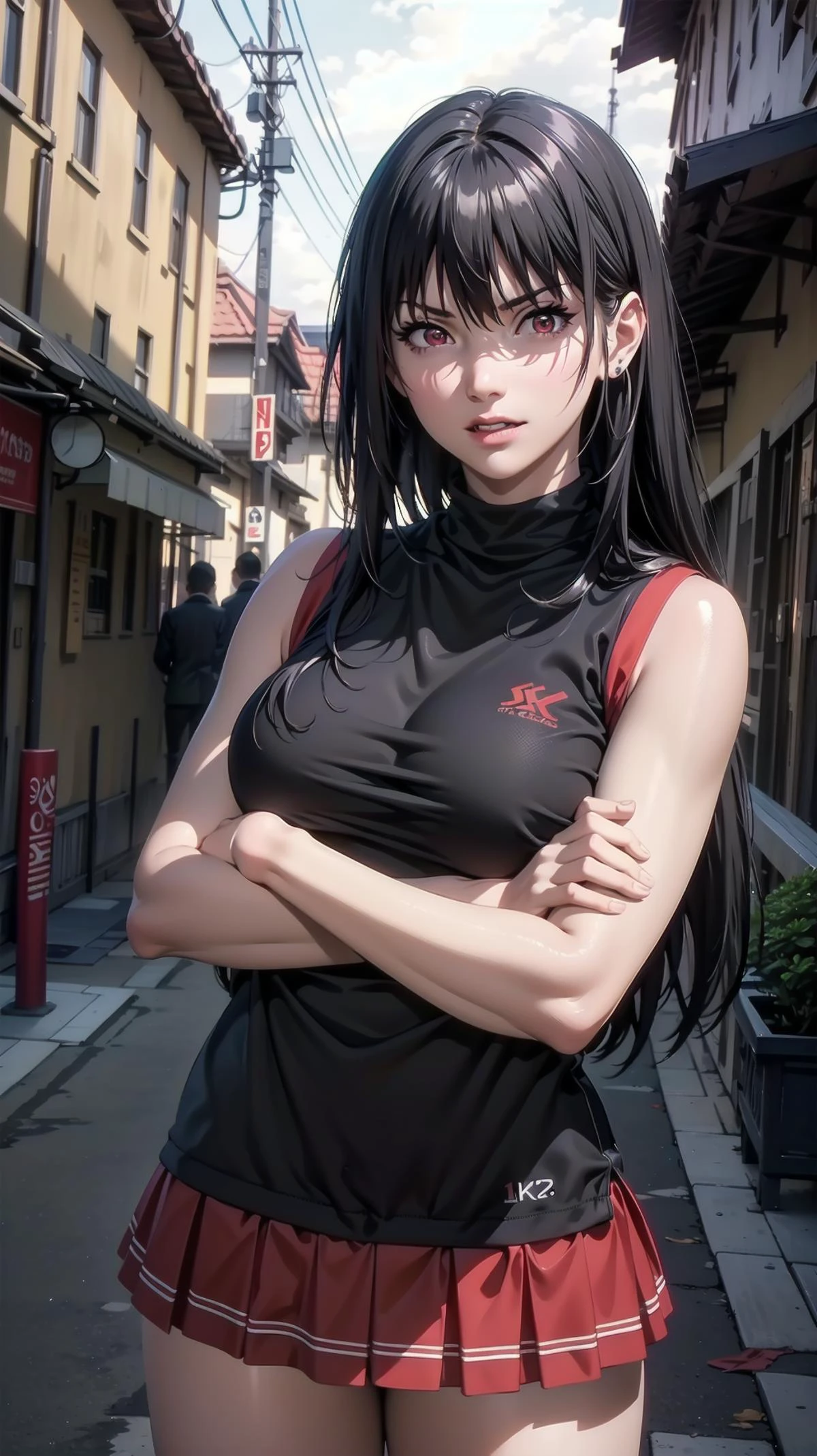 (standing:1.2, cowboy shot:1.2), (outdoor:1.4), 1girl, (jet black hair, very long hair, crimson red eyes, mini skirt, sleeveless t-shirt, angry smile:1.3, crossed arms:1.2),(slender:1.2, perfect skin:1.4, shiny oiled skin:1.4, realistic skin texture:1.2, perfect anatomy:1.2), (master piece:1.4, best quality:1.4, intricate details, sharp focus, highres, 8K, 4K, UHD, 32k UHD resolution, realistic photo, professional photography, Ultra Detailed 8K CG, ultra high res, High quality texture, High quality shadows, vivid colors, HDR), <lora:Claire_Kagenou-09:0.6> claire
