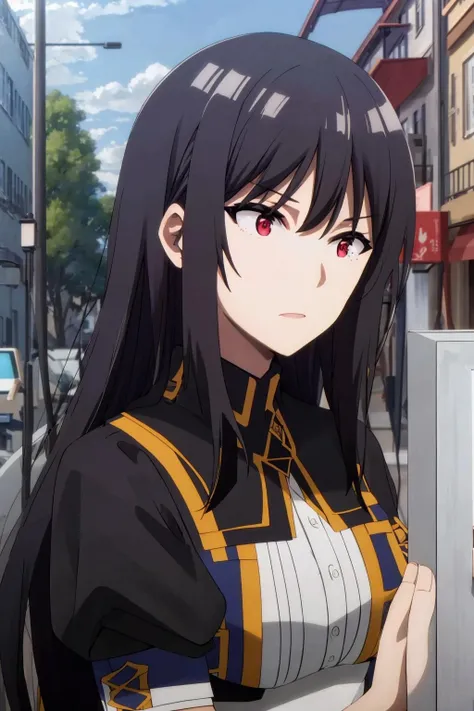 black hair,red eyes,masterpiece, best quality, high quality,(sitting on the bench in the park,crossed legs)