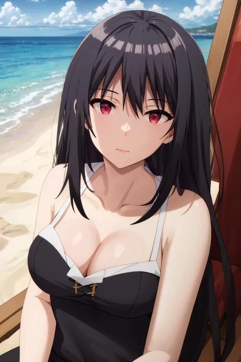 ((masterpiece, best quality, high quality, highres)),
outdoors, beach, sitting, 
black dress, dress, cleavage,  looking at viewer, 
claire,  <lora:Claire_Kagenou-09:0.8>