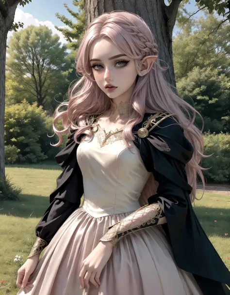 woman, high elf, [light dusty pink hair], long hair, grey eyes, sharp pointed elegant facial features, short small elf ears, wearing a ballgown, medieval dress, long sleeves, elegant, lady, mage, royalty, modest dress, hair jewelry 
fantasy medieval setting, high fantasy, 
(masterpiece:1.2) (best quality:1.2) (detailed) (intricate) (8k) (HDR) (cinematic lighting) (sharp focus), (full body:1.1), 
 <lora:NonHentaiElf_v10:0.6>   <lora:eGirlMakeup-10:0.8> EGirlMakeup,   <lora:sharp_eyes:0.6> sharp_eyes,  <lora:SN-PetalDress:0.8> PetalDress